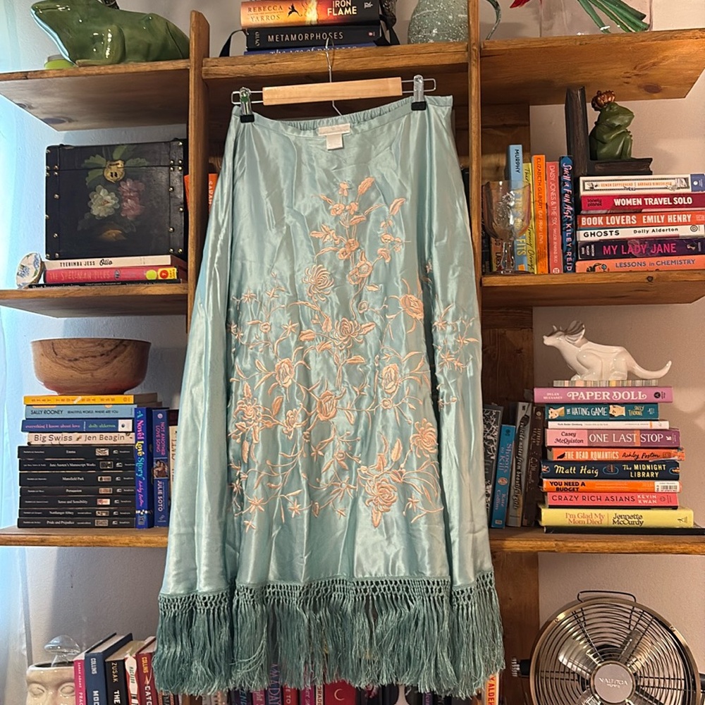 Soft Surroundings teal silk satin midi skirt embroidered fringe